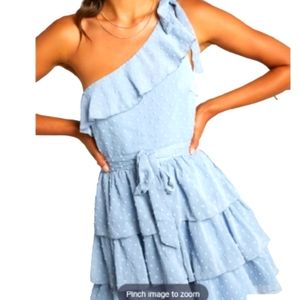 DARLING I AM A DAYDREAM ONE SHOULDER RUFFLE MINI DRESS IN POWDER BLUE